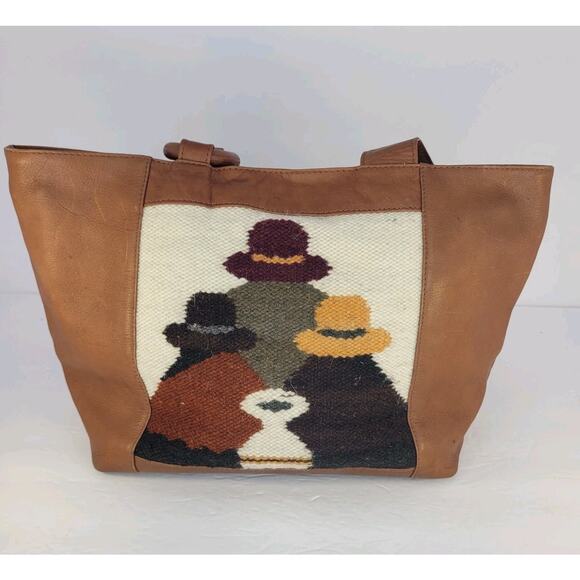 American Angel Colombian Leather Tote Bag Handwoven Tapestry Art Boho Southwest - Picture 2 of 15